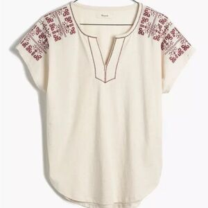 🔴 5 for $25! Madewell Embroidered Split-Neck Tee‎ White Red V-Neck Sz Small